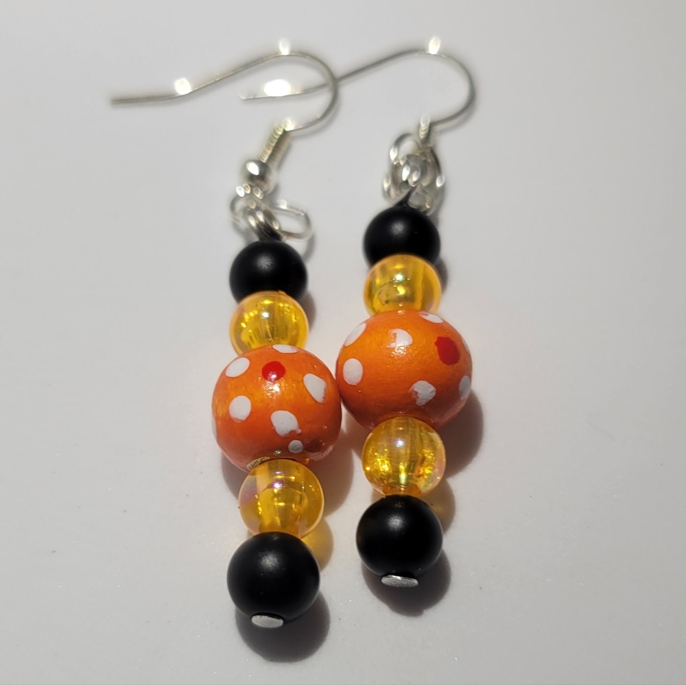 Orange and Black flower wood bead earrings